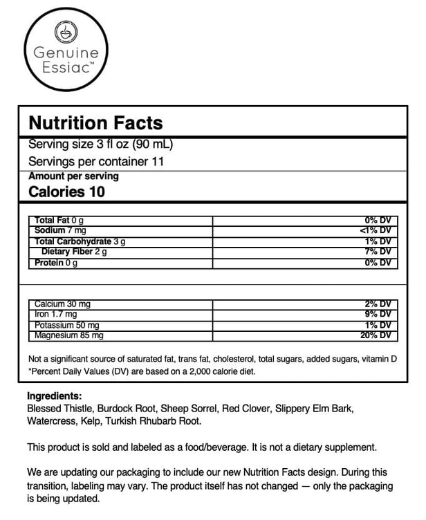 1 oz genuine essiac nutrition facts label
