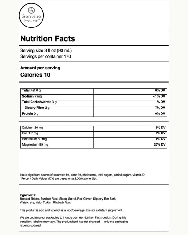 genuine essiac nutrition facts 1 lb. bag 3 oz. serving
