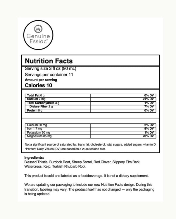 genuine essiac nutrition facts 1 oz bag 3 oz serving